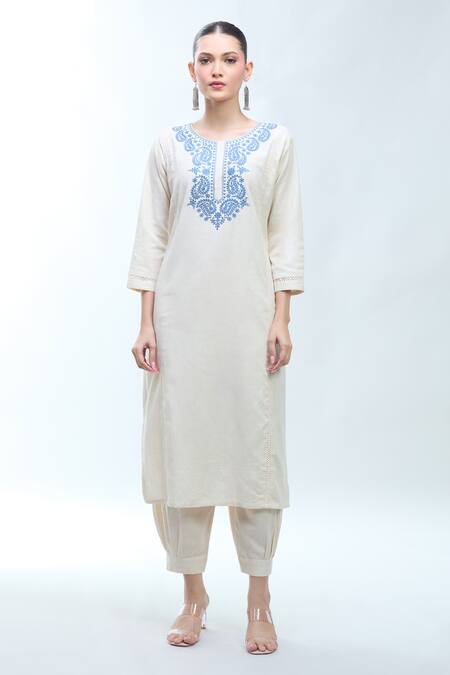 Shop_Naintara Bajaj_Off White Cotton Embroidery Round Neck Kurta Set _Online_at_Aza_Fashions