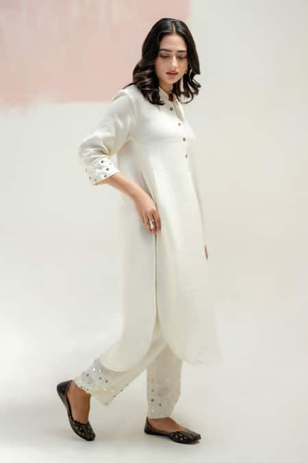 Buy_Prahnaaya_White Linen Embroidery Collared Mia Slim Kurta And Hand Pants_Online_at_Aza_Fashions