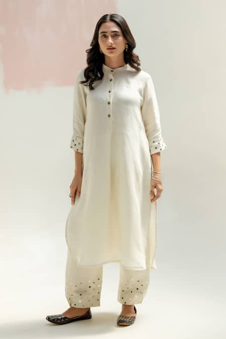 Shop_Prahnaaya_White Linen Embroidery Collared Mia Slim Kurta And Hand Pants_Online_at_Aza_Fashions