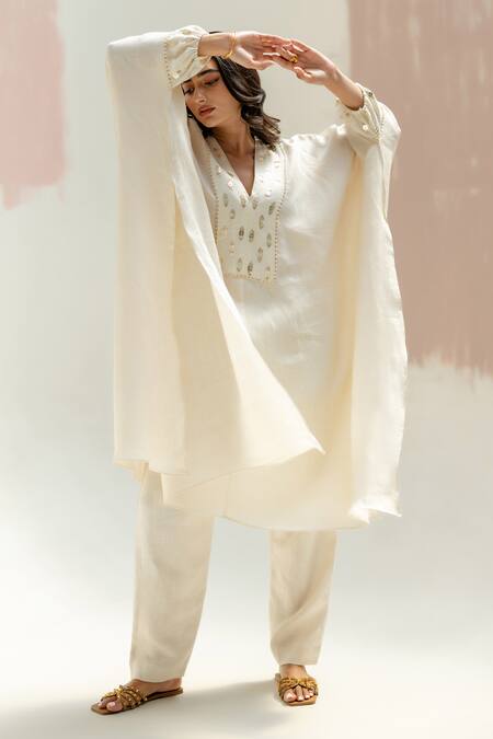 Shop_Prahnaaya_White Linen Embroidery V-neck Moroccan Star Kaftan With Pants_Online_at_Aza_Fashions