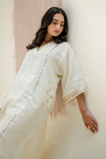 Shop Prahnaaya White Linen Beads V-neck Aaram Choga Kurta Set Online at Aza Fashions Shop_Prahnaaya_White Linen Beads V-neck Aaram Choga Kurta Set_Online_at_Aza_Fashions