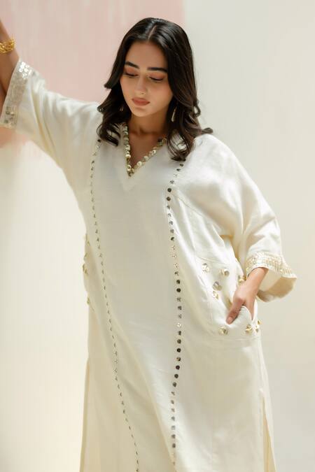 Prahnaaya White Linen Beads V-neck Aaram Choga Kurta Set at Aza Fashions Prahnaaya_White Linen Beads V-neck Aaram Choga Kurta Set_at_Aza_Fashions