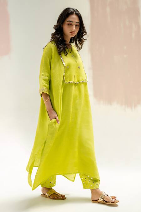 Prahnaaya_Green Linen Round Neck Longline Kaftan With Stylish Pants_at_Aza_Fashions