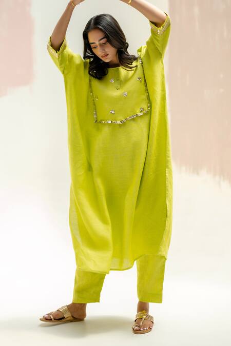 Prahnaaya_Green Linen Round Neck Longline Kaftan With Pants_Online_at_Aza_Fashions