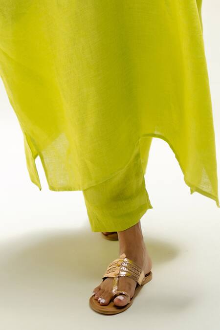Shop_Prahnaaya_Green Linen Round Neck Longline Kaftan With Pants_Online_at_Aza_Fashions