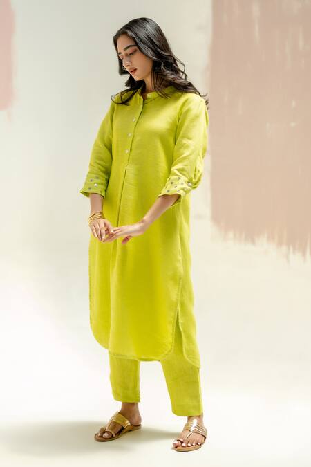 Shop_Prahnaaya_Green Linen Mandarin Collar Sublime Neon Kurta And Pant Set_Online_at_Aza_Fashions