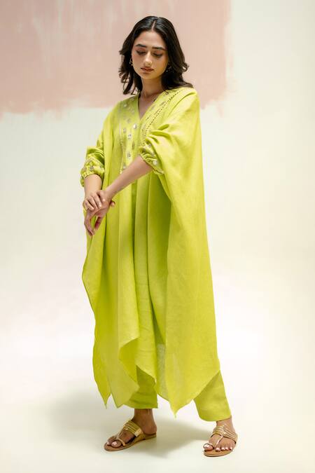 Prahnaaya_Green Linen Embroidery Split V-neck Moroccan Star Kaftan With Pants_Online_at_Aza_Fashions