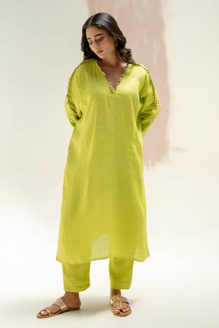 Shop_Prahnaaya_Green Linen Embroidery V-neck Sublime Neon Kurta Set_Online_at_Aza_Fashions