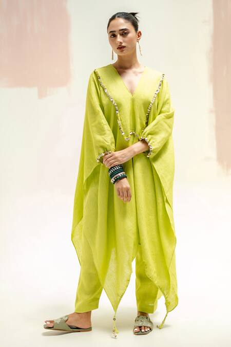 Prahnaaya Green Linen Embroidery V-neck Moroccan Kaftan With Pants Online at Aza Fashions Prahnaaya_Green Linen Embroidery V-neck Moroccan Kaftan With Pants_Online_at_Aza_Fashions