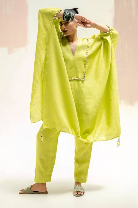 Buy Prahnaaya Green Linen Embroidery V-neck Moroccan Kaftan With Pants Online at Aza Fashions Buy_Prahnaaya_Green Linen Embroidery V-neck Moroccan Kaftan With Pants_Online_at_Aza_Fashions