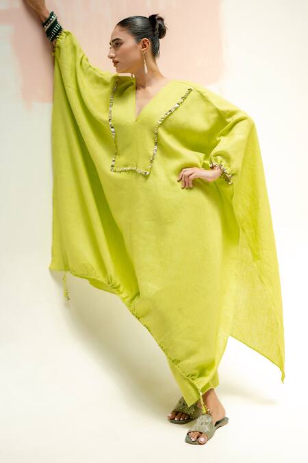 Shop Prahnaaya Green Linen Embroidery V-neck Moroccan Kaftan With Pants Online at Aza Fashions Shop_Prahnaaya_Green Linen Embroidery V-neck Moroccan Kaftan With Pants_Online_at_Aza_Fashions