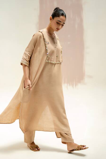 Prahnaaya Beige Linen Round Neck Longline Kaftan Kurta Set Online at Aza Fashions Prahnaaya_Beige Linen Round Neck Longline Kaftan Kurta Set_Online_at_Aza_Fashions