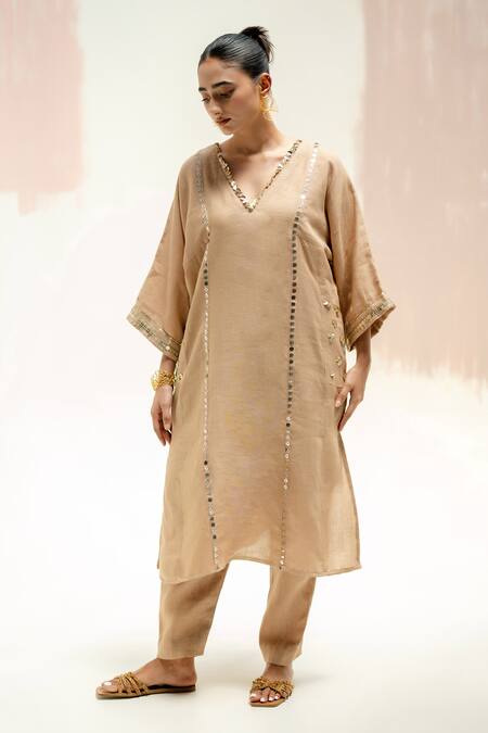 Shop_Prahnaaya_Beige Linen Sequins V-neck Aaram Choga Kurta Set_Online_at_Aza_Fashions