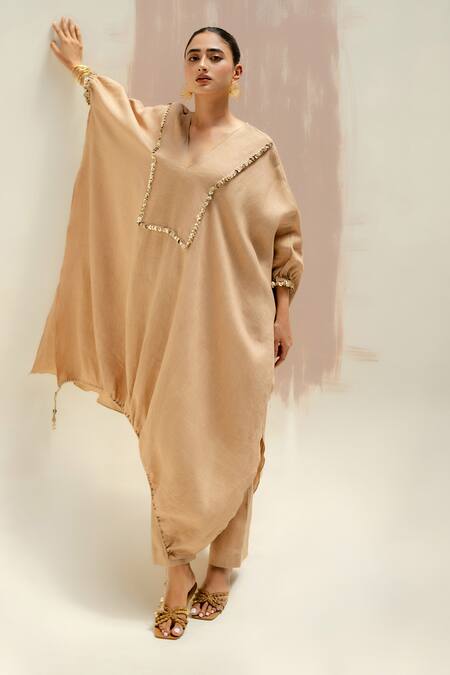 Prahnaaya_Beige Linen Sequins V-neck Moroccan Kurta Set With Pants_Online_at_Aza_Fashions