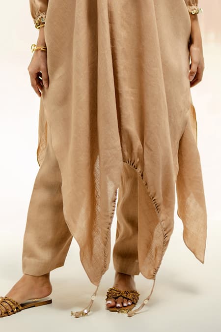 Buy_Prahnaaya_Beige Linen Sequins V-neck Moroccan Kurta Set With Pants_Online_at_Aza_Fashions