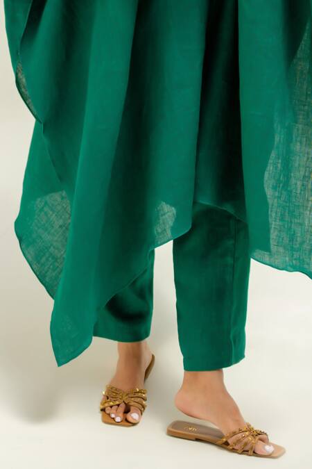 Buy Prahnaaya Green Linen Embroidery Split V-neck Moroccan Star Kaftan With Pants Online at Aza Fashions Buy_Prahnaaya_Green Linen Embroidery Split V-neck Moroccan Star Kaftan With Pants_Online_at_Aza_Fashions