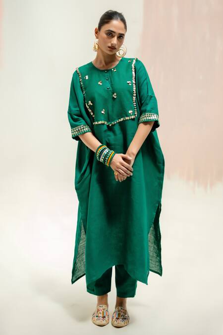 Prahnaaya_Green Linen Embroidery Round Neck Longline Kaftan Kurta With Pants_Online_at_Aza_Fashions