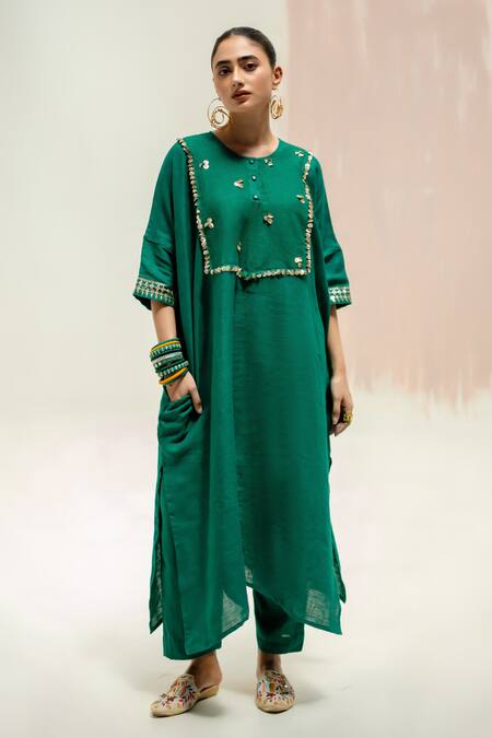 Buy_Prahnaaya_Green Linen Embroidery Round Neck Longline Kaftan Kurta With Pants_Online_at_Aza_Fashions