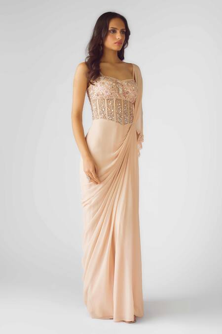 Basanti - Kapde Aur Koffee_Peach Georgette Sequins, Pearls Blush Opulence Corset Draped Saree Gown_Online_at_Aza_Fashions