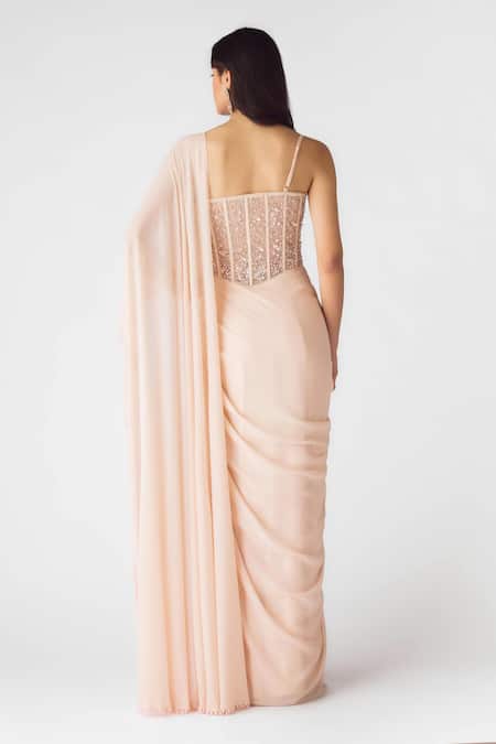 Basanti - Kapde Aur Koffee Blush Opulence Corset Draped Saree Gown 