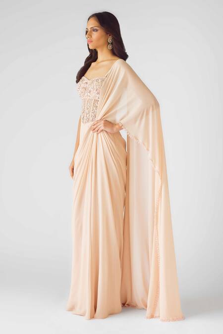 Buy_Basanti - Kapde Aur Koffee_Peach Georgette Sequins, Pearls Blush Opulence Corset Draped Saree Gown_Online_at_Aza_Fashions