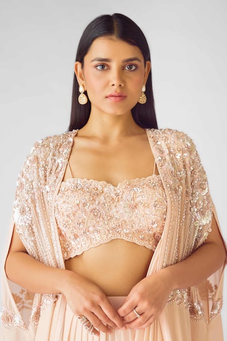 Shop_Basanti - Kapde Aur Koffee_Peach Georgette Sequins, Pearls Sweetheart Neck Pre-draped Saree Set_Online_at_Aza_Fashions