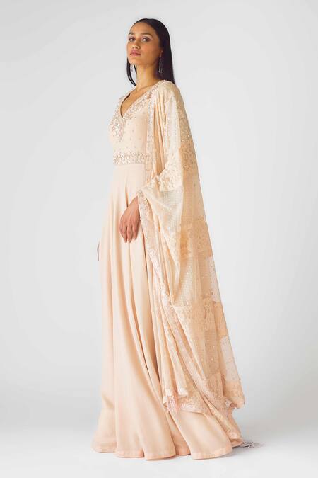 Basanti - Kapde Aur Koffee_Peach Georgette Sequins, Pearls V-neck Anarkali Set_Online_at_Aza_Fashions