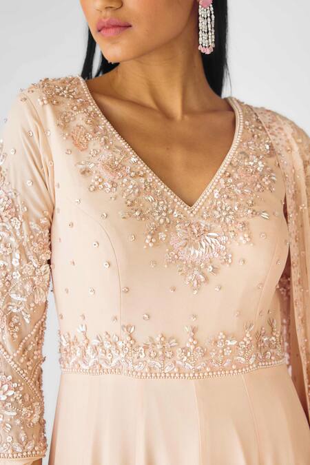 Buy_Basanti - Kapde Aur Koffee_Peach Georgette Sequins, Pearls V-neck Anarkali Set_Online_at_Aza_Fashions