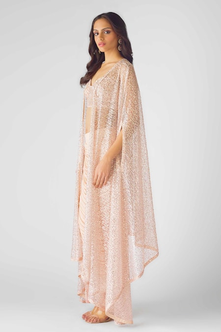 Basanti - Kapde Aur Koffee_Peach Georgette Sequins Cape Set_Online_at_Aza_Fashions