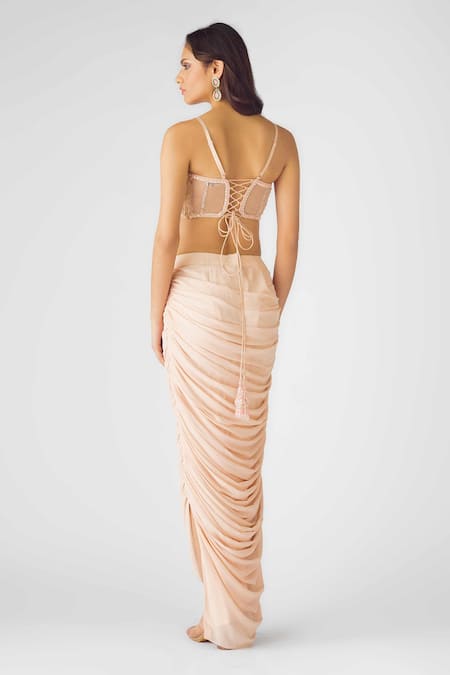 Buy_Basanti - Kapde Aur Koffee_Peach Georgette Sequins Cape Set_Online_at_Aza_Fashions