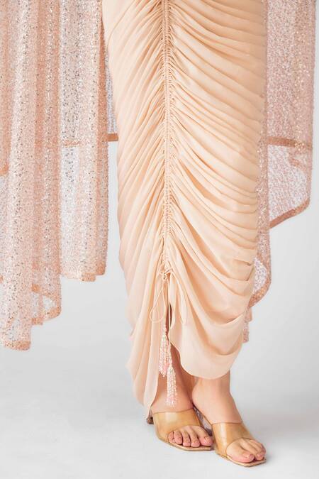 Shop_Basanti - Kapde Aur Koffee_Peach Georgette Sequins Cape Set_Online_at_Aza_Fashions