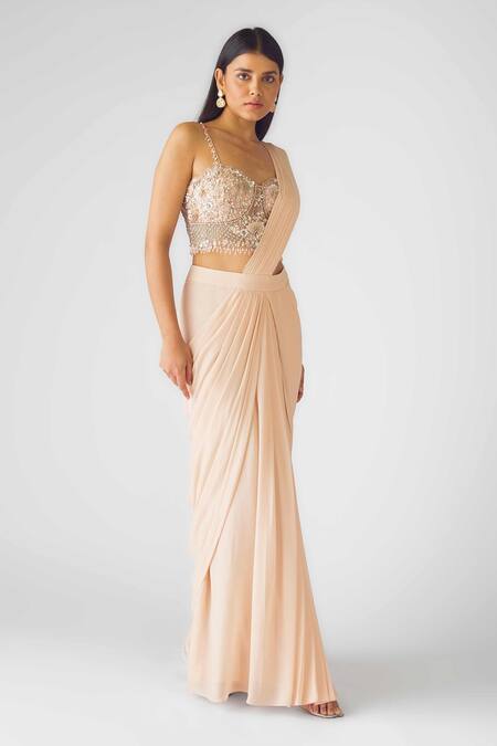 Basanti - Kapde Aur Koffee_Peach Georgette Sequins, Beads, Cut Work Corset Draped Saree With Blouse_Online_at_Aza_Fashions