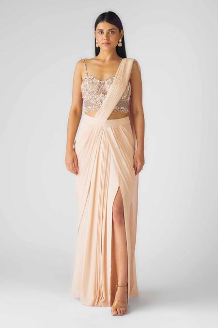 Buy_Basanti - Kapde Aur Koffee_Peach Georgette Sequins, Beads, Cut Work Corset Draped Saree With Blouse_Online_at_Aza_Fashions