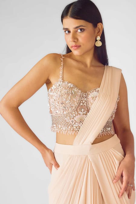 Shop_Basanti - Kapde Aur Koffee_Peach Georgette Sequins, Beads, Cut Work Corset Draped Saree With Blouse_Online_at_Aza_Fashions