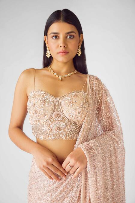 Basanti - Kapde Aur Koffee_Peach Net Sequins, Pearls Sweetheart Neck Luminous Saree With Blouse_Online_at_Aza_Fashions