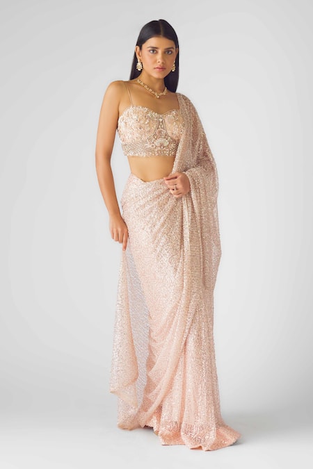 Buy_Basanti - Kapde Aur Koffee_Peach Net Sequins, Pearls Sweetheart Neck Luminous Saree With Blouse_Online_at_Aza_Fashions
