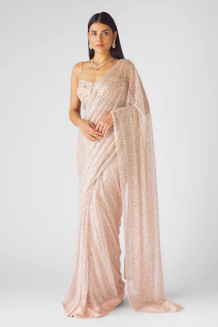 Shop_Basanti - Kapde Aur Koffee_Peach Net Sequins, Pearls Sweetheart Neck Luminous Saree With Blouse_Online_at_Aza_Fashions