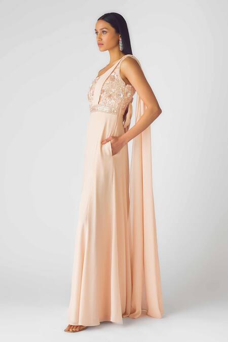 Basanti - Kapde Aur Koffee_Peach Georgette Sequins, Pearls One Shoulder Jumpsuit With Trail_Online_at_Aza_Fashions
