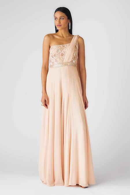 Shop_Basanti - Kapde Aur Koffee_Peach Georgette Sequins, Pearls One Shoulder Jumpsuit With Trail_Online_at_Aza_Fashions