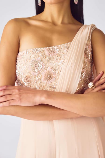 Basanti - Kapde Aur Koffee_Peach Georgette Sequins, Pearls One Shoulder Jumpsuit With Trail_at_Aza_Fashions