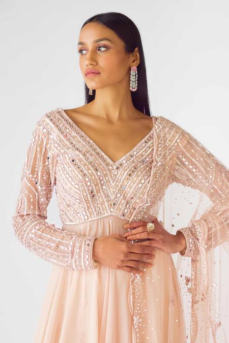 Basanti - Kapde Aur Koffee_Peach Organza Sequins, Beads, Mirrors V-neck Anarkali Set_Online_at_Aza_Fashions