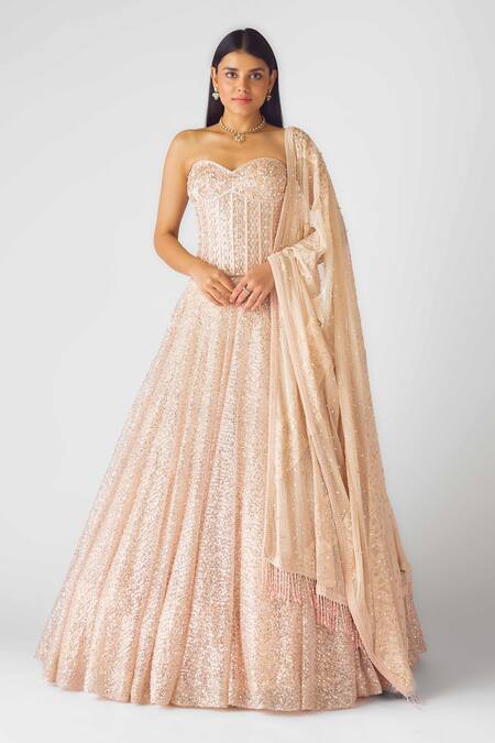 Buy_Basanti - Kapde Aur Koffee_Peach Net Sequins, Beads Sweetheart Neck Rose Champagne Corset Lehenga Set_Online_at_Aza_Fashions