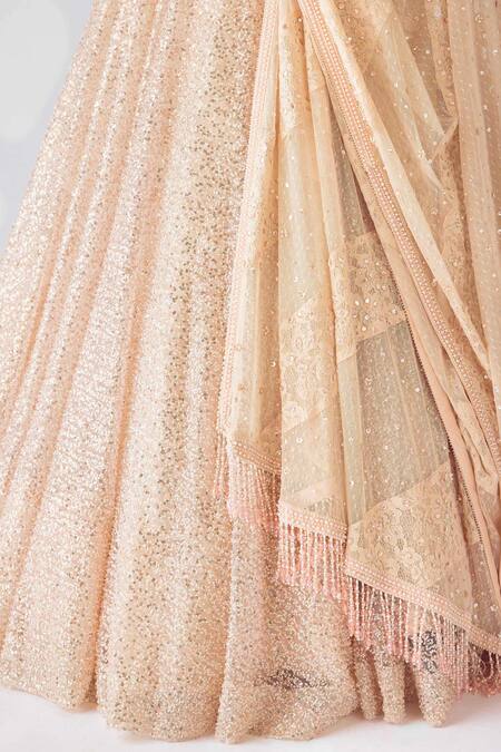 Shop_Basanti - Kapde Aur Koffee_Peach Net Sequins, Beads Sweetheart Neck Rose Champagne Corset Lehenga Set_Online_at_Aza_Fashions