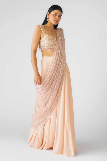 Basanti - Kapde Aur Koffee_Peach Georgette Sequins, Pearls Draped Saree Set_Online_at_Aza_Fashions
