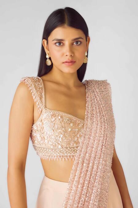 Shop_Basanti - Kapde Aur Koffee_Peach Georgette Sequins, Pearls Draped Saree Set_Online_at_Aza_Fashions
