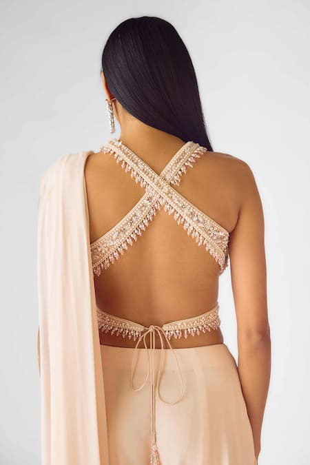 Basanti - Kapde Aur Koffee_Peach Georgette Sequins, Pearls, Cut Work Round Neck Draped Saree Set_Online_at_Aza_Fashions