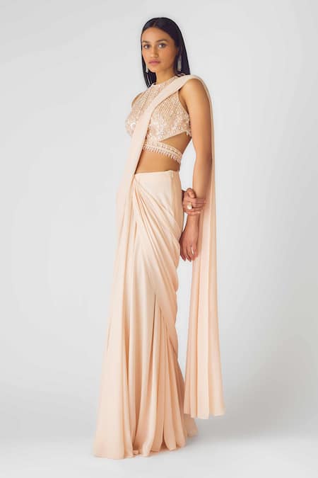 Buy_Basanti - Kapde Aur Koffee_Peach Georgette Sequins, Pearls, Cut Work Round Neck Draped Saree Set_Online_at_Aza_Fashions
