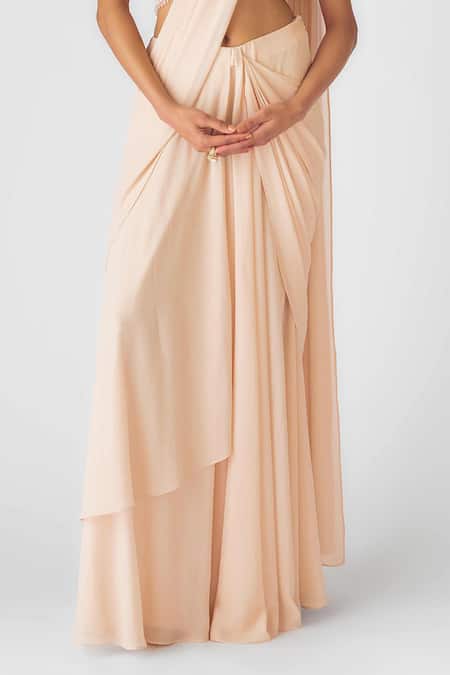Shop_Basanti - Kapde Aur Koffee_Peach Georgette Sequins, Pearls, Cut Work Round Neck Draped Saree Set_Online_at_Aza_Fashions