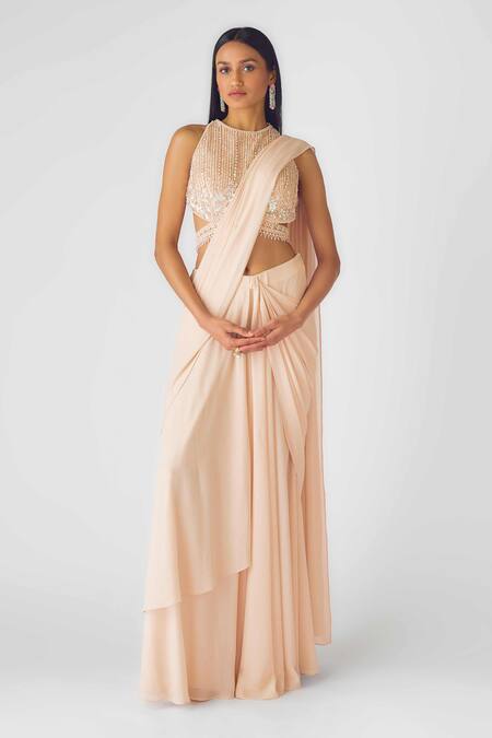 Basanti - Kapde Aur Koffee_Peach Georgette Sequins, Pearls, Cut Work Round Neck Draped Saree Set_at_Aza_Fashions
