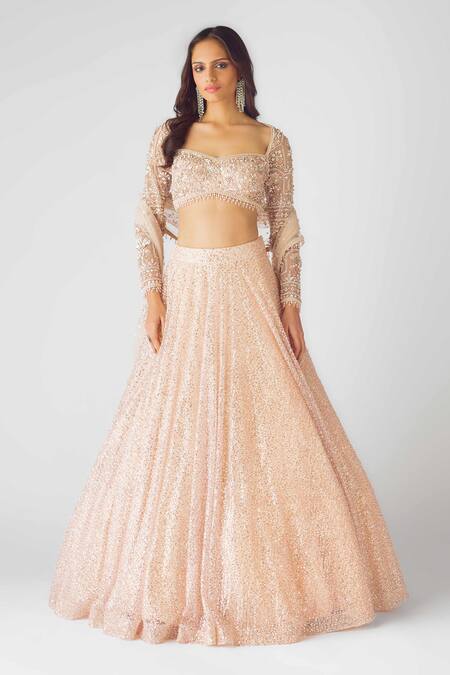 Buy_Basanti - Kapde Aur Koffee_Peach Net Sequins, Pearls, Cut Work Celestial Dream Lehenga Set_Online_at_Aza_Fashions